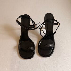 By Far patent leather croc print heels with gold accent